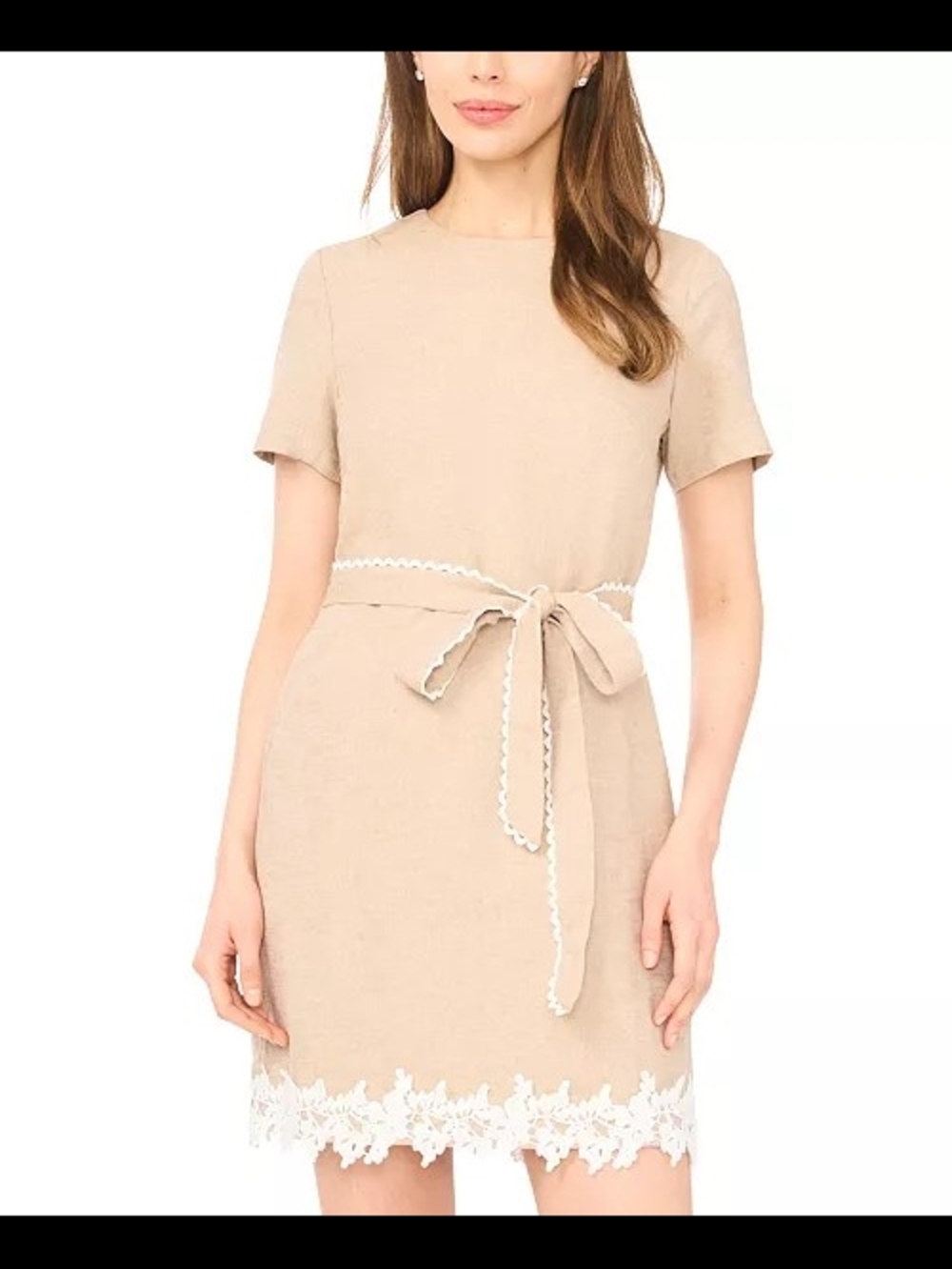 CeCe Women's Linen-Blend Short Sleeve Tie-Front Lace Hem Mini Dress